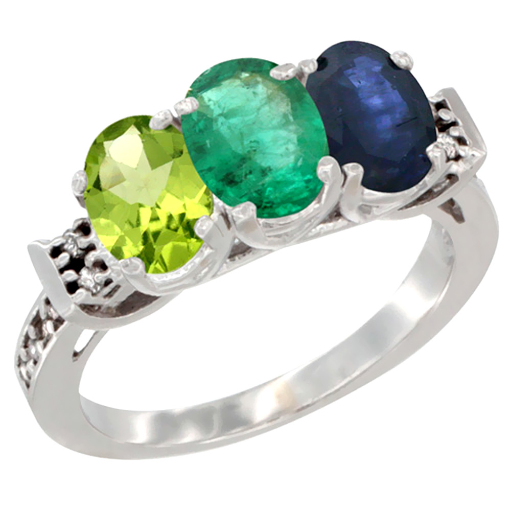 10K White Gold Natural Peridot, Emerald & Blue Sapphire Ring 3-Stone Oval 7x5 mm Diamond Accent, sizes 5 - 10