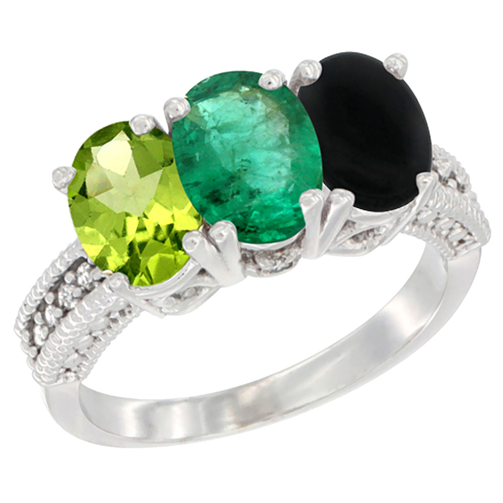 10K White Gold Natural Peridot, Emerald &amp; Black Onyx Ring 3-Stone Oval 7x5 mm Diamond Accent, sizes 5 - 10