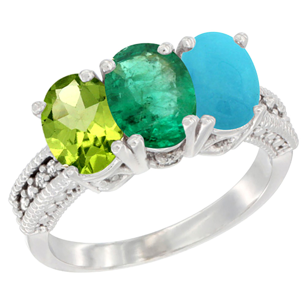 10K White Gold Natural Peridot, Emerald &amp; Turquoise Ring 3-Stone Oval 7x5 mm Diamond Accent, sizes 5 - 10
