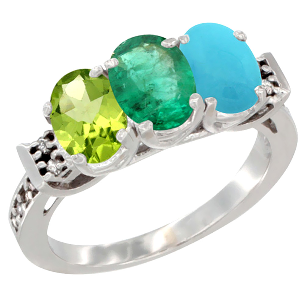 14K White Gold Natural Peridot, Emerald & Turquoise Ring 3-Stone Oval 7x5 mm Diamond Accent, sizes 5 - 10