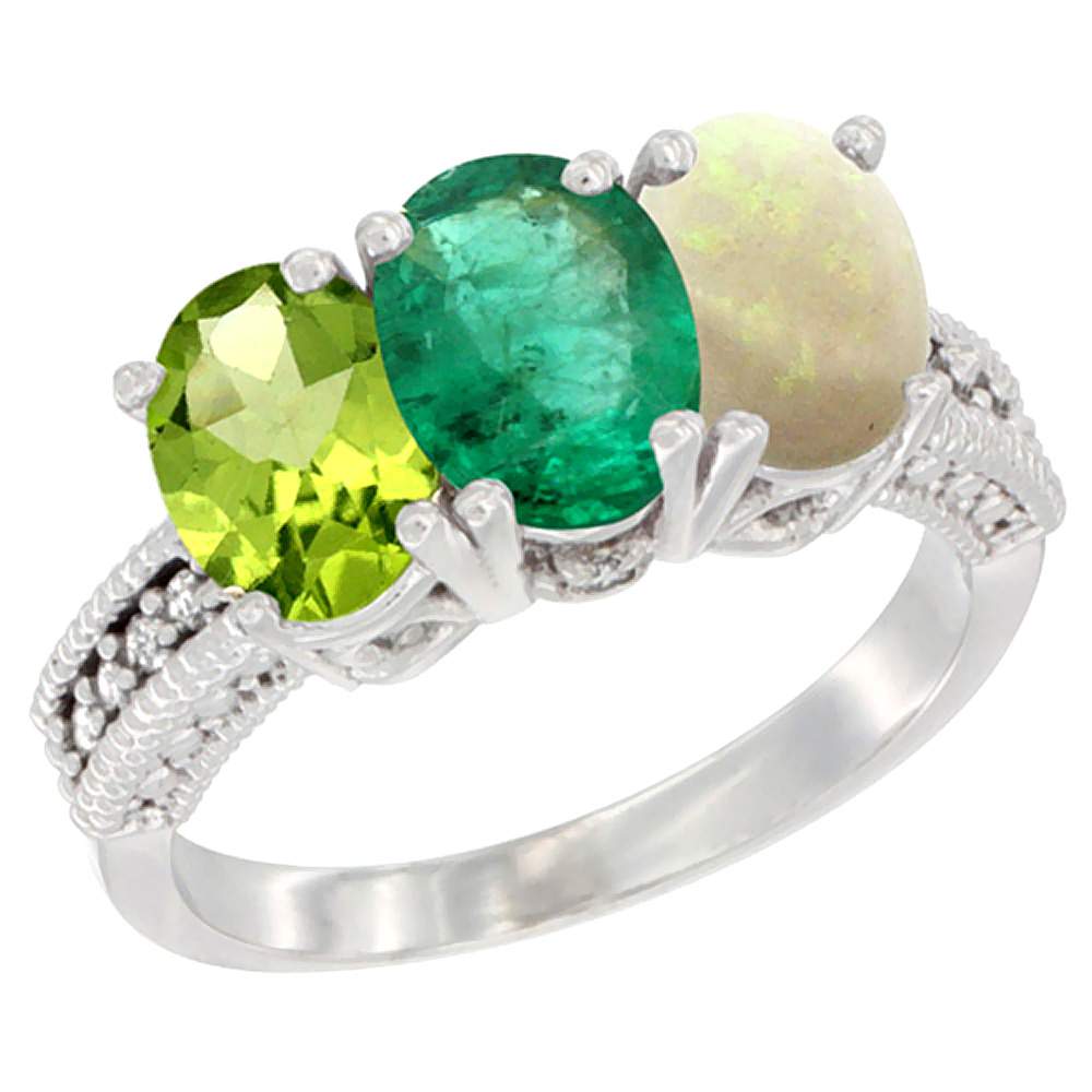 10K White Gold Natural Peridot, Emerald &amp; Opal Ring 3-Stone Oval 7x5 mm Diamond Accent, sizes 5 - 10