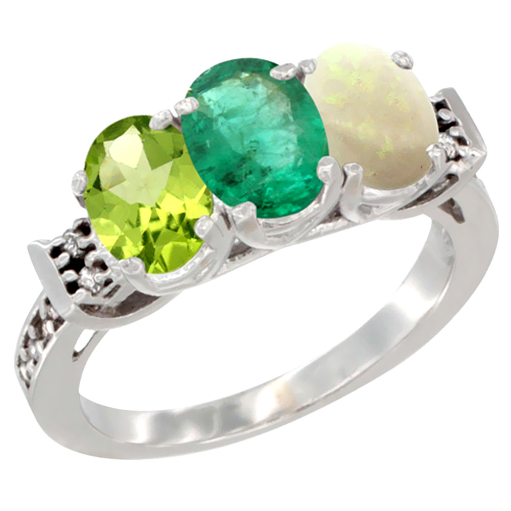 14K White Gold Natural Peridot, Emerald & Opal Ring 3-Stone Oval 7x5 mm Diamond Accent, sizes 5 - 10