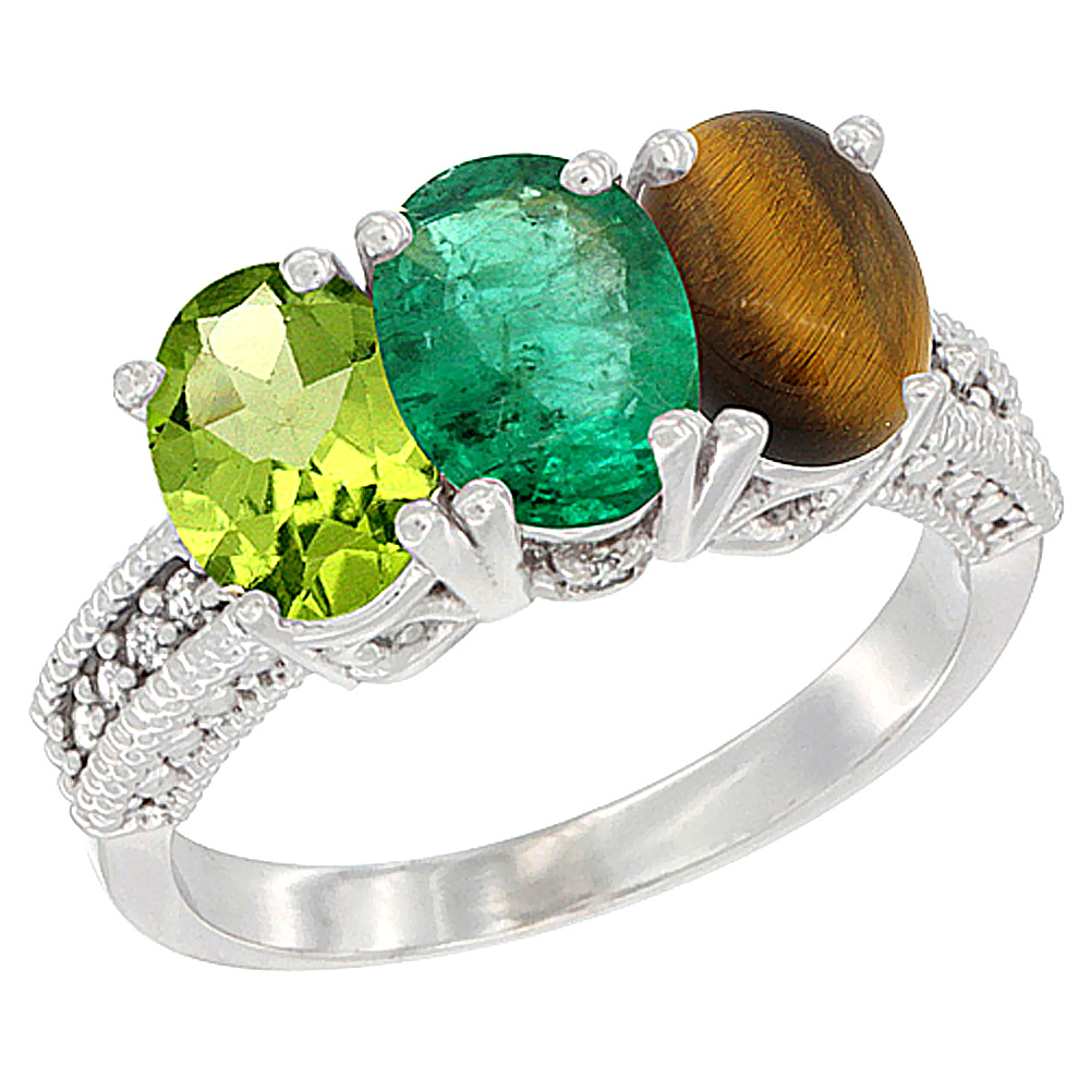 10K White Gold Natural Peridot, Emerald &amp; Tiger Eye Ring 3-Stone Oval 7x5 mm Diamond Accent, sizes 5 - 10