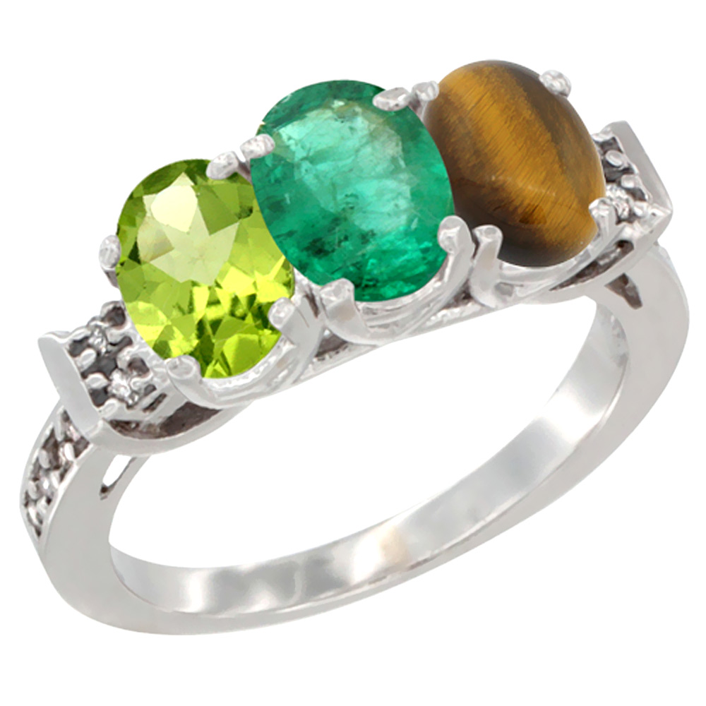 10K White Gold Natural Peridot, Emerald & Tiger Eye Ring 3-Stone Oval 7x5 mm Diamond Accent, sizes 5 - 10