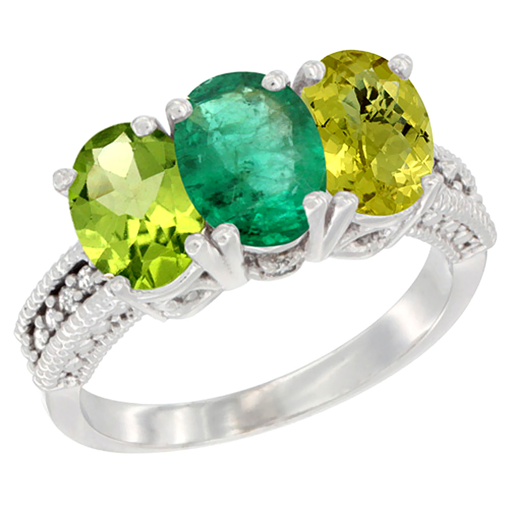 14K White Gold Natural Peridot, Emerald & Lemon Quartz Ring 3-Stone Oval 7x5 mm Diamond Accent, sizes 5 - 10