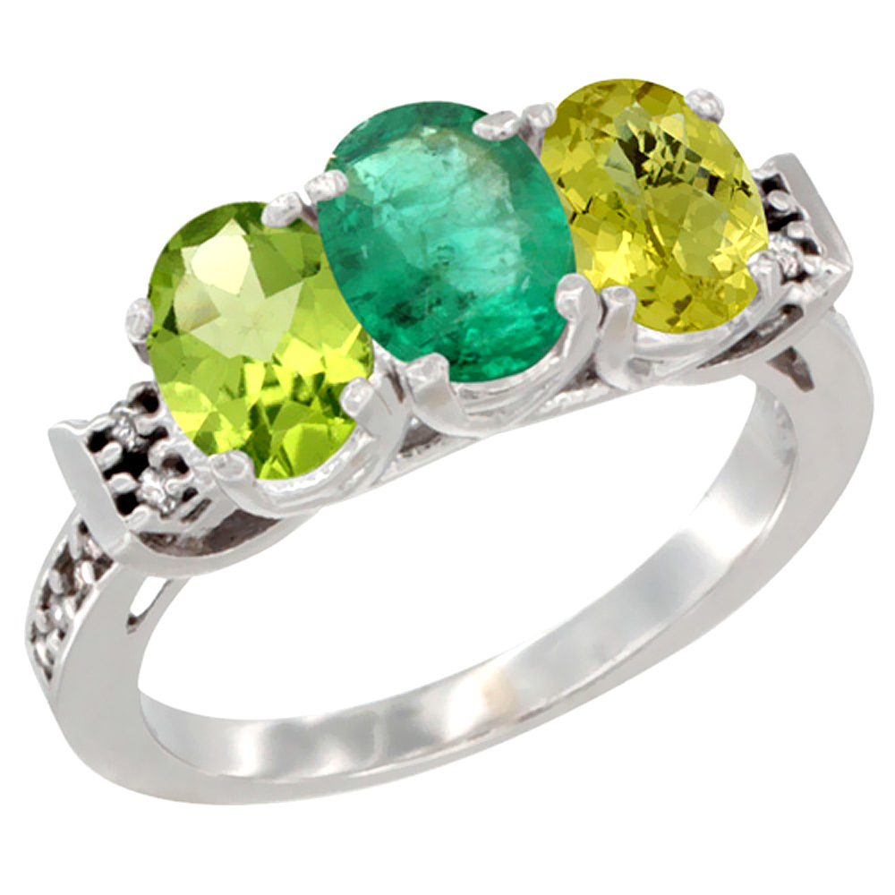 14K White Gold Natural Peridot, Emerald &amp; Lemon Quartz Ring 3-Stone Oval 7x5 mm Diamond Accent, sizes 5 - 10