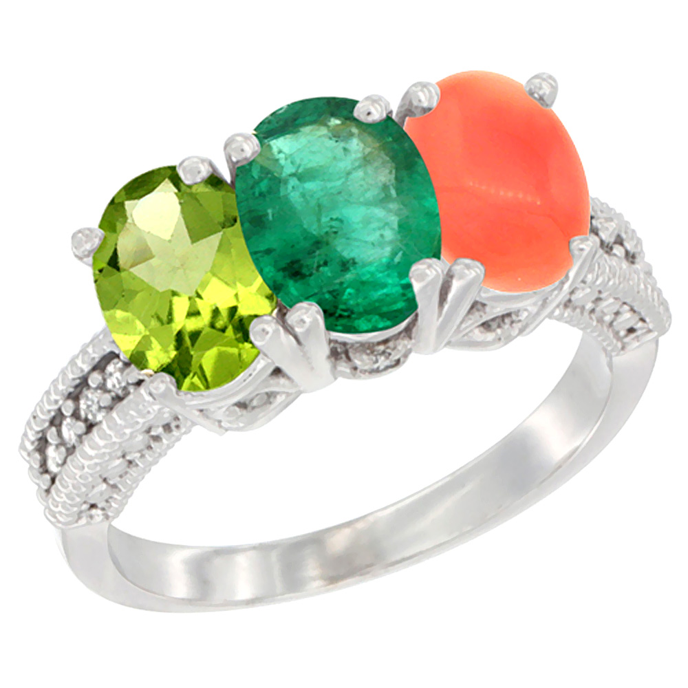 10K White Gold Natural Peridot, Emerald & Coral Ring 3-Stone Oval 7x5 mm Diamond Accent, sizes 5 - 10
