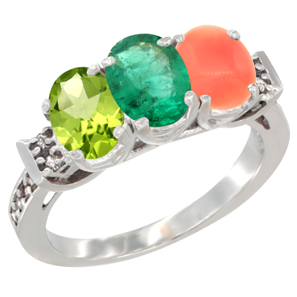 14K White Gold Natural Peridot, Emerald & Coral Ring 3-Stone Oval 7x5 mm Diamond Accent, sizes 5 - 10