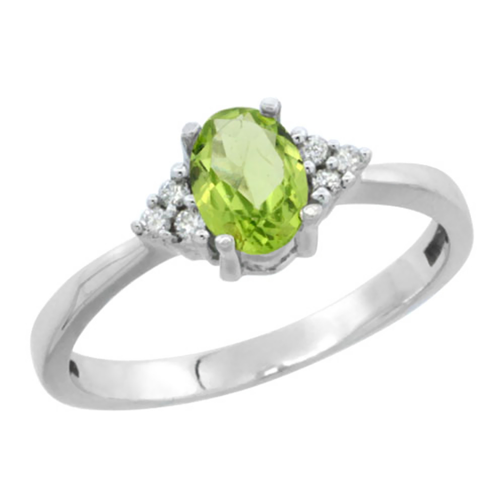 14K White Gold Natural Peridot Ring Oval 6x4mm Diamond Accent, sizes 5-10