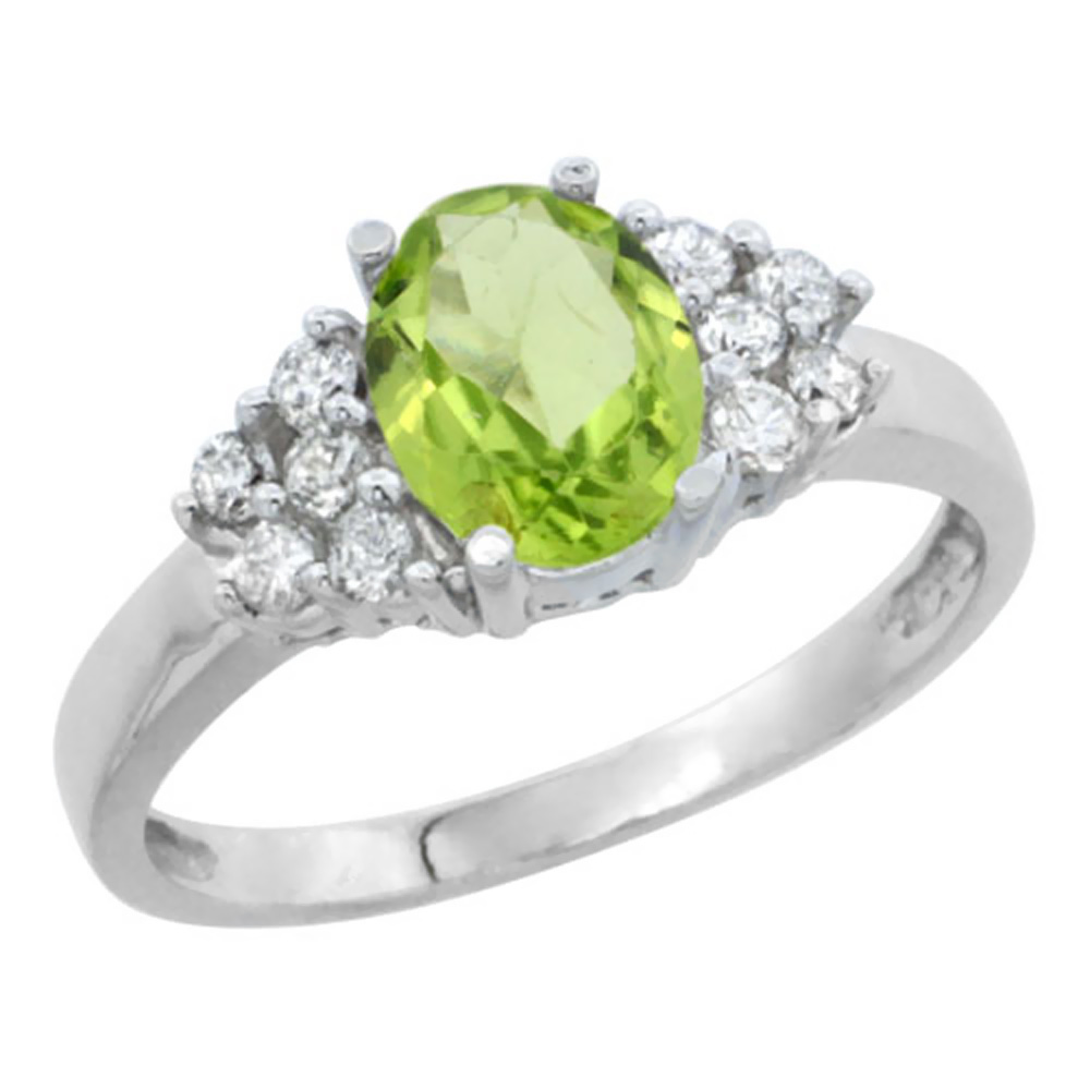 10K White Gold Natural Peridot Ring Oval 8x6mm Diamond Accent, sizes 5-10