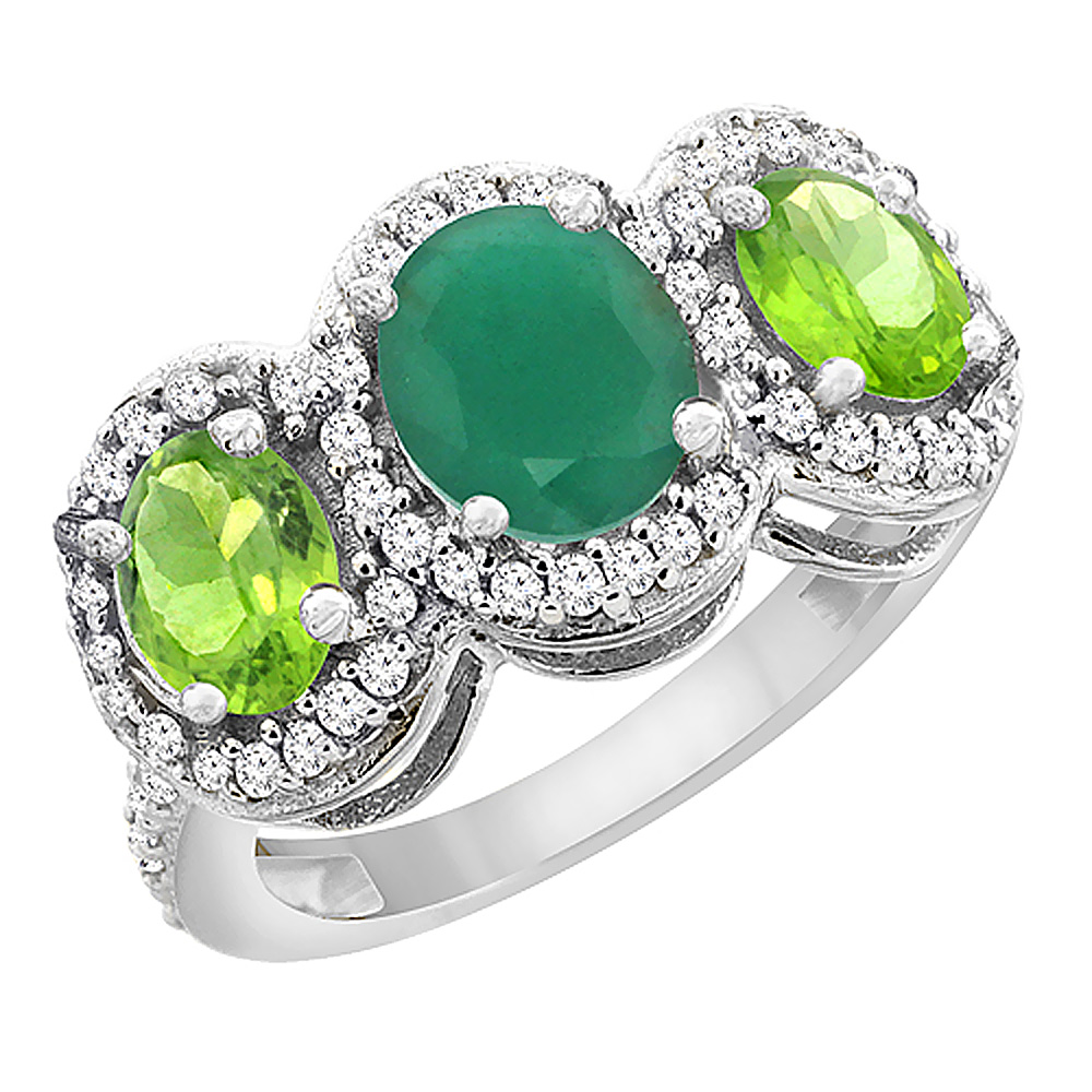 14K White Gold Natural Quality Emerald &amp; Peridot 3-stone Mothers Ring Oval Diamond Accent, size 5 - 10