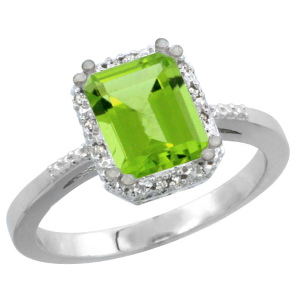 14K White Gold Natural Peridot Ring Emerald-shape 8x6mm Diamond Accent, sizes 5-10