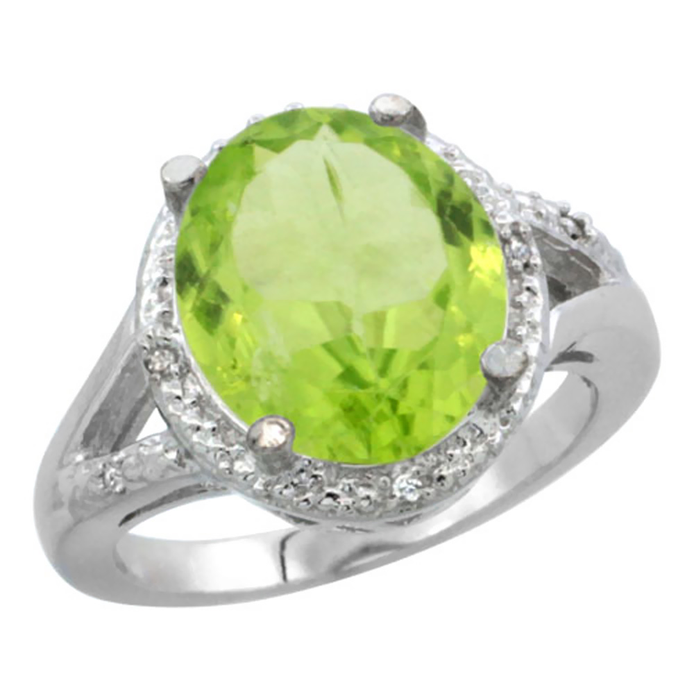 10K White Gold Natural Peridot Ring Oval 12x10mm Diamond Accent, sizes 5-10