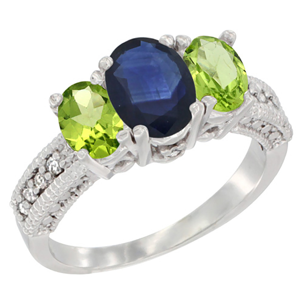 14K White Gold Diamond Natural Blue Sapphire Ring Oval 3-stone with Peridot, sizes 5 - 10