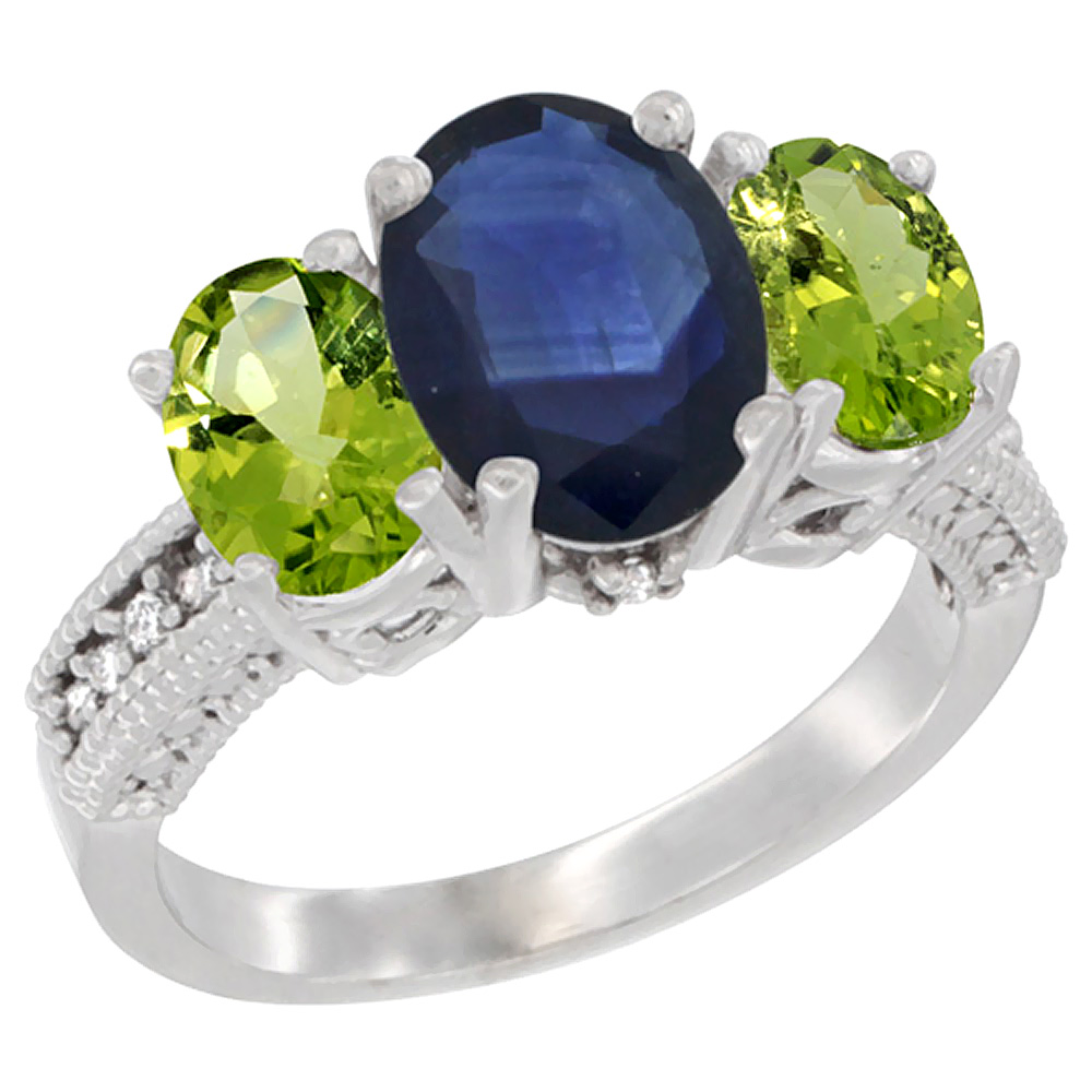 10K White Gold Diamond Natural Quality Blue Sapphire 3-stone Mothers Ring Oval 8x6mm with Peridot, sz5-10