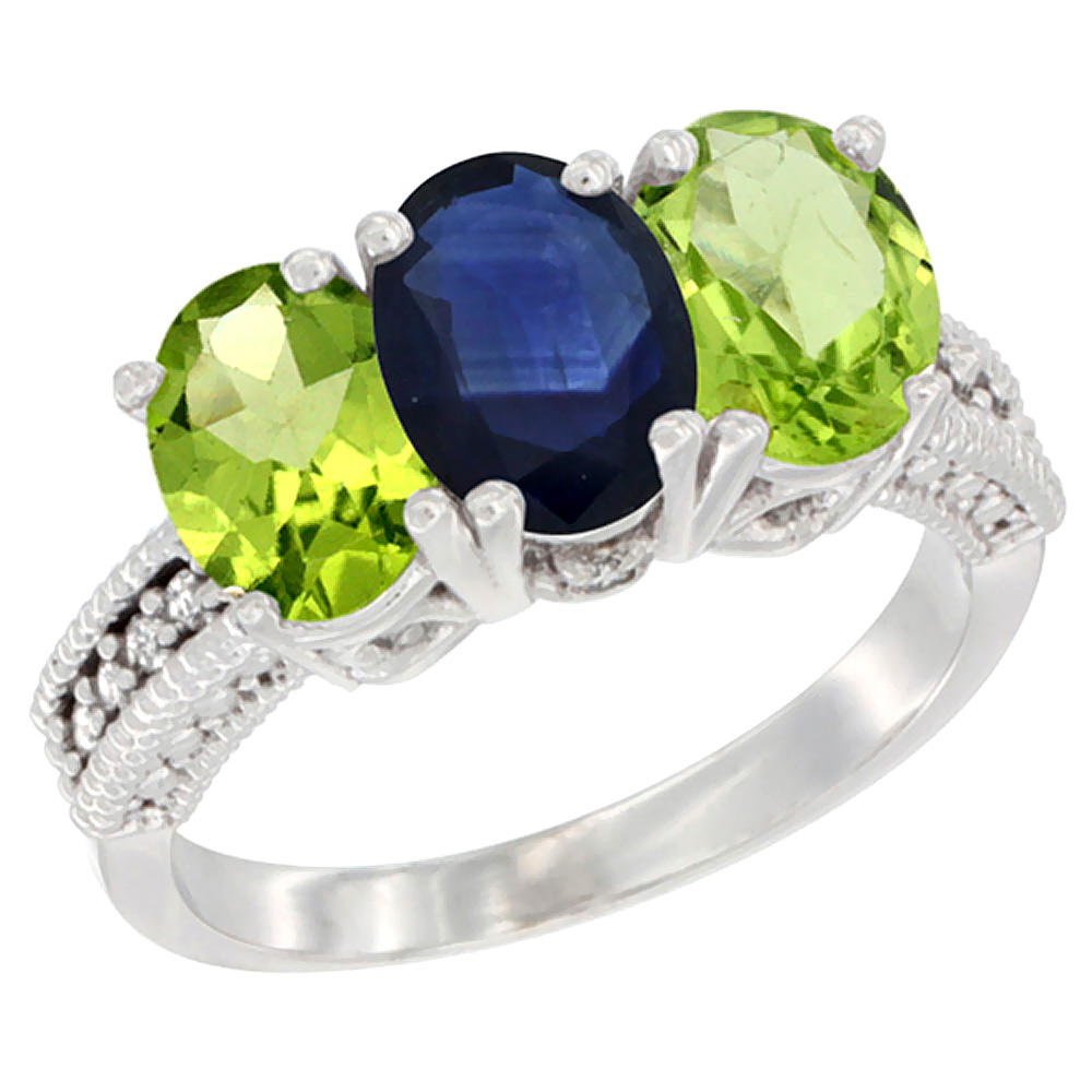 14K White Gold Natural Blue Sapphire & Peridot Sides Ring 3-Stone Oval 7x5 mm Diamond Accent, sizes 5 - 10