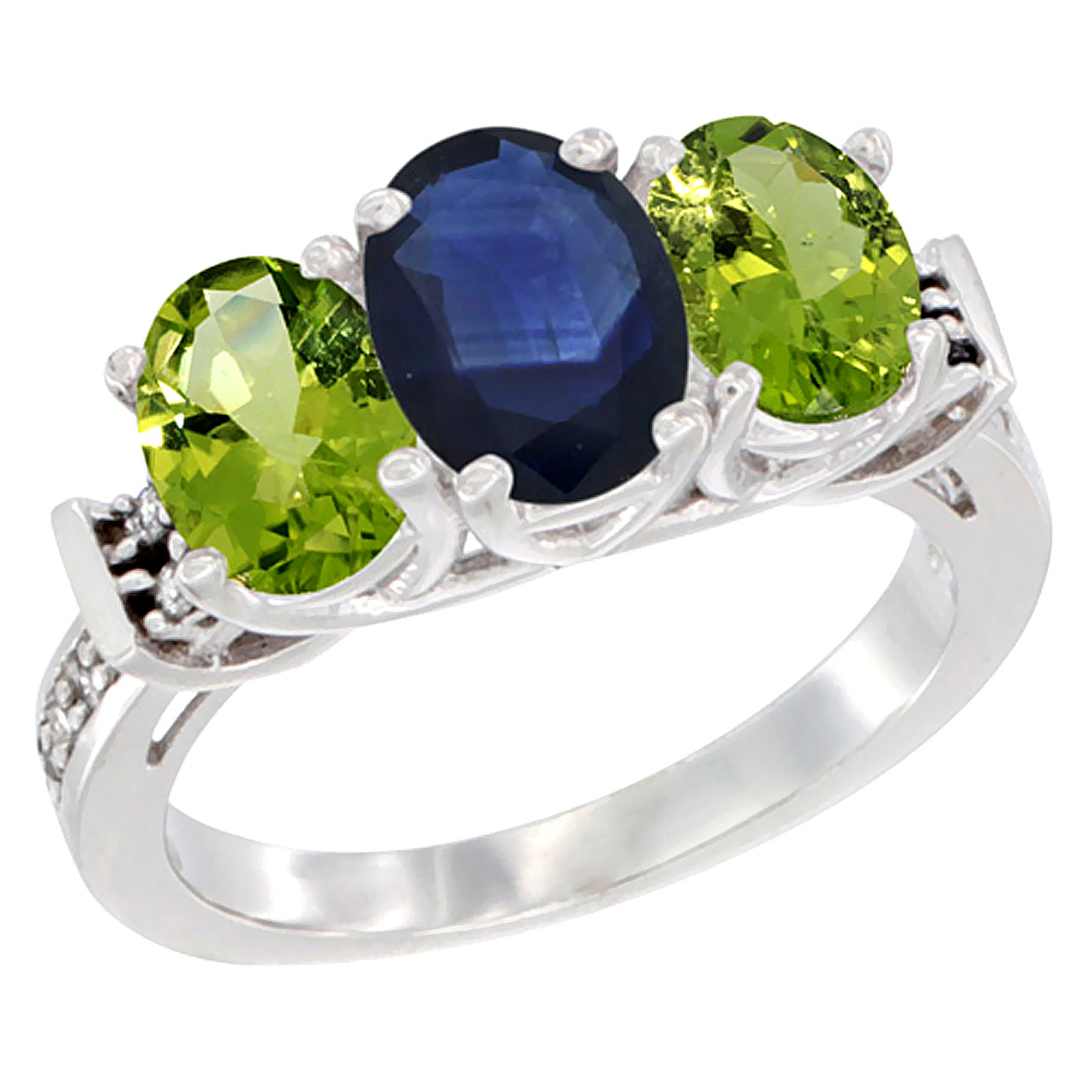 14K White Gold Natural Blue Sapphire & Peridot Sides Ring 3-Stone Oval Diamond Accent, sizes 5 - 10