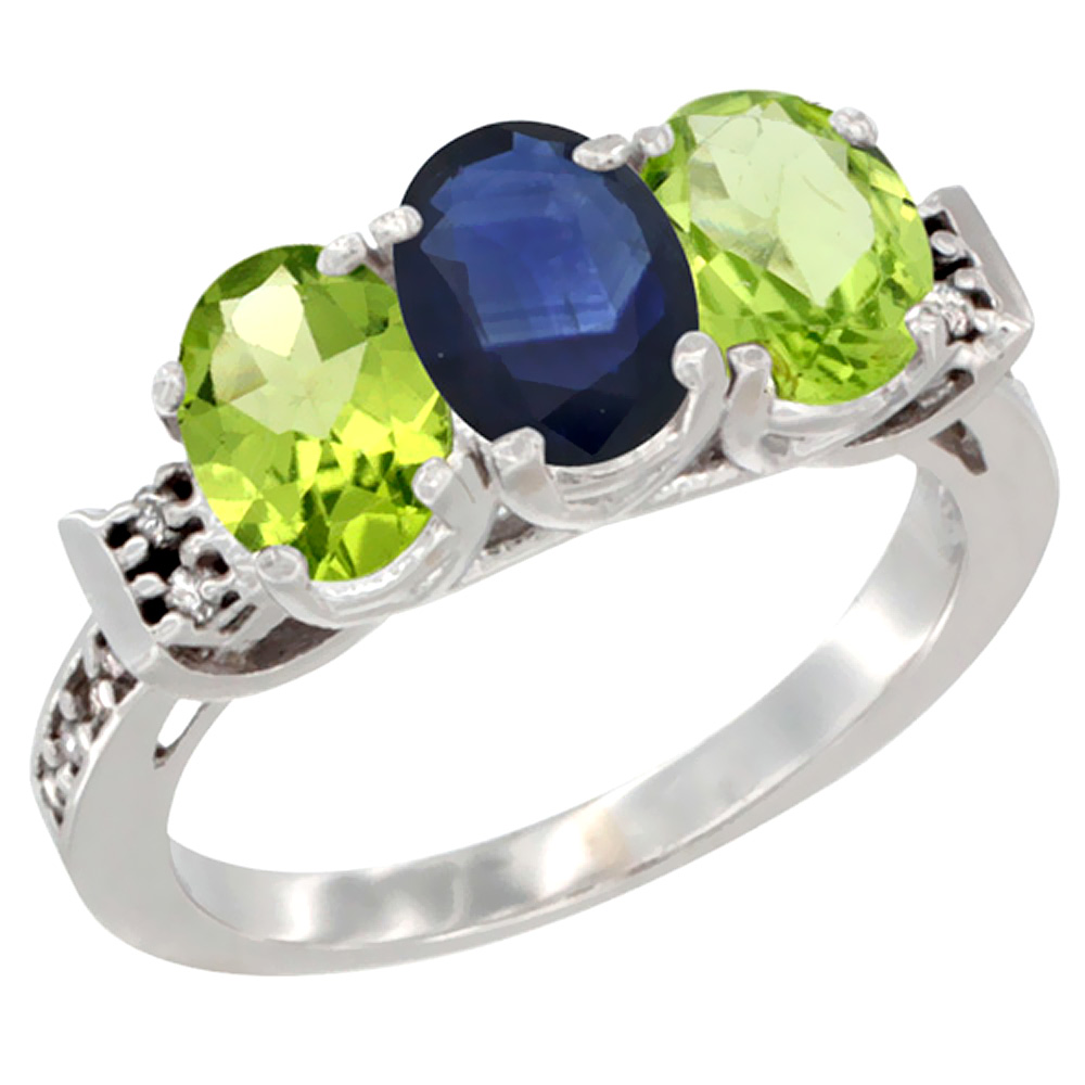 10K White Gold Natural Blue Sapphire & Peridot Sides Ring 3-Stone Oval 7x5 mm Diamond Accent, sizes 5 - 10