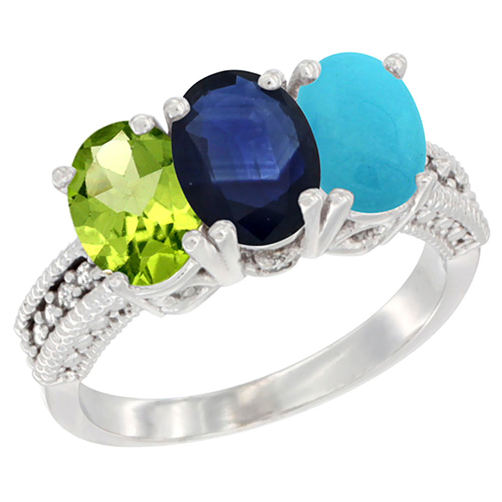 14K White Gold Natural Peridot, Blue Sapphire & Turquoise Ring 3-Stone Oval 7x5 mm Diamond Accent, sizes 5 - 10