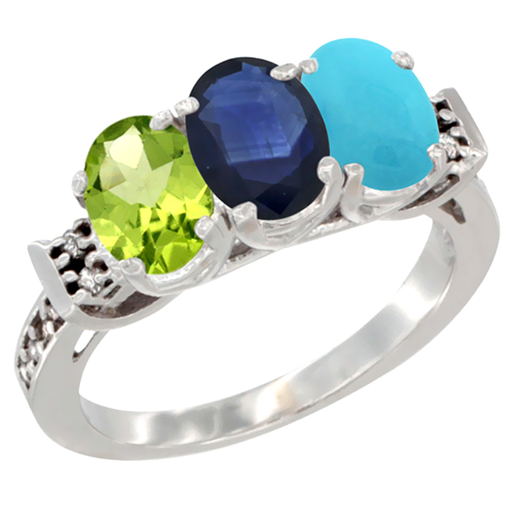 14K White Gold Natural Peridot, Blue Sapphire & Turquoise Ring 3-Stone Oval 7x5 mm Diamond Accent, sizes 5 - 10