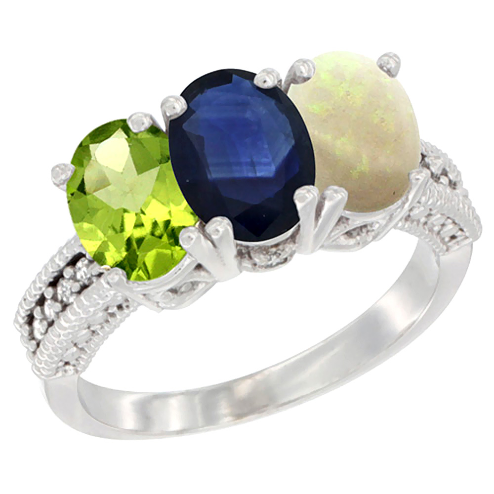14K White Gold Natural Peridot, Blue Sapphire & Opal Ring 3-Stone Oval 7x5 mm Diamond Accent, sizes 5 - 10