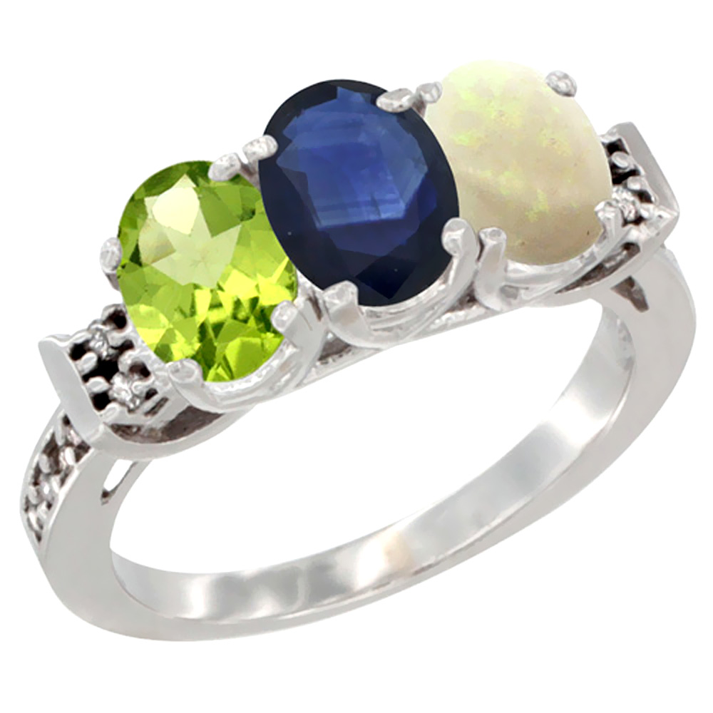14K White Gold Natural Peridot, Blue Sapphire &amp; Opal Ring 3-Stone Oval 7x5 mm Diamond Accent, sizes 5 - 10