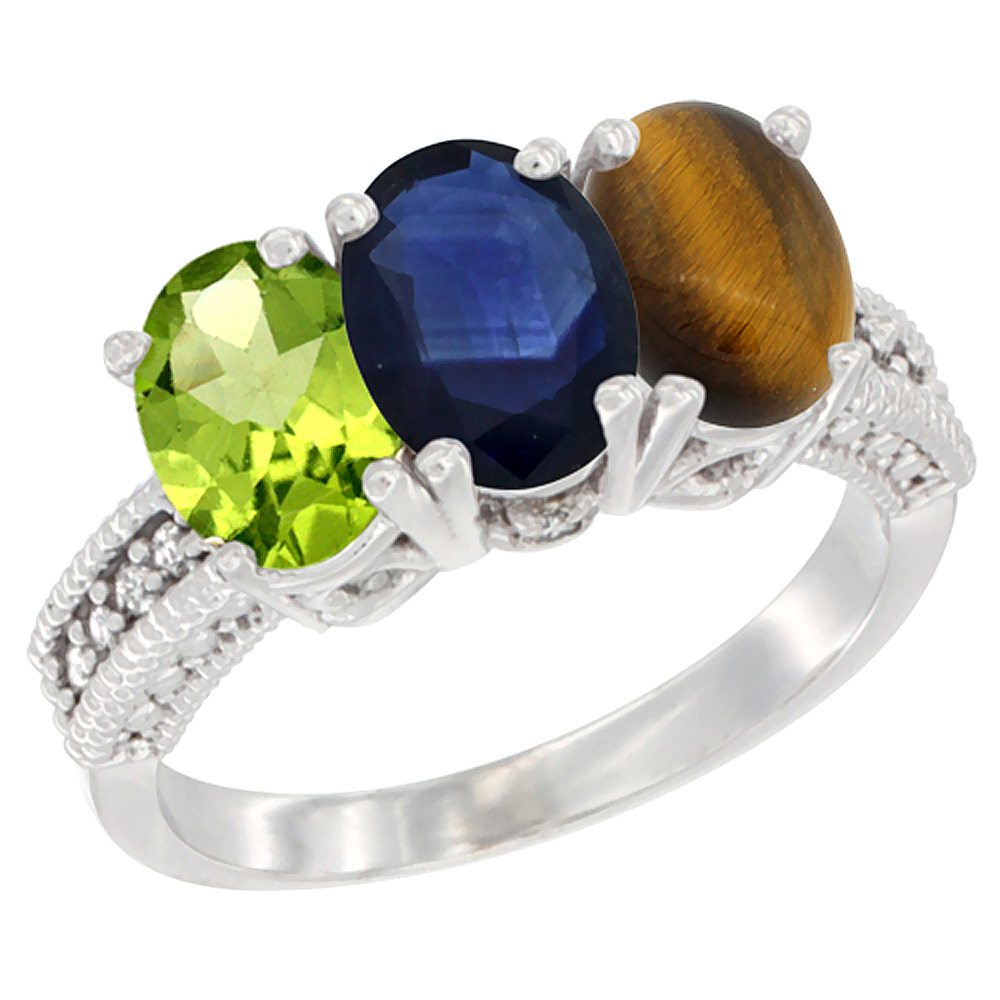 10K White Gold Natural Peridot, Blue Sapphire & Tiger Eye Ring 3-Stone Oval 7x5 mm Diamond Accent, sizes 5 - 10