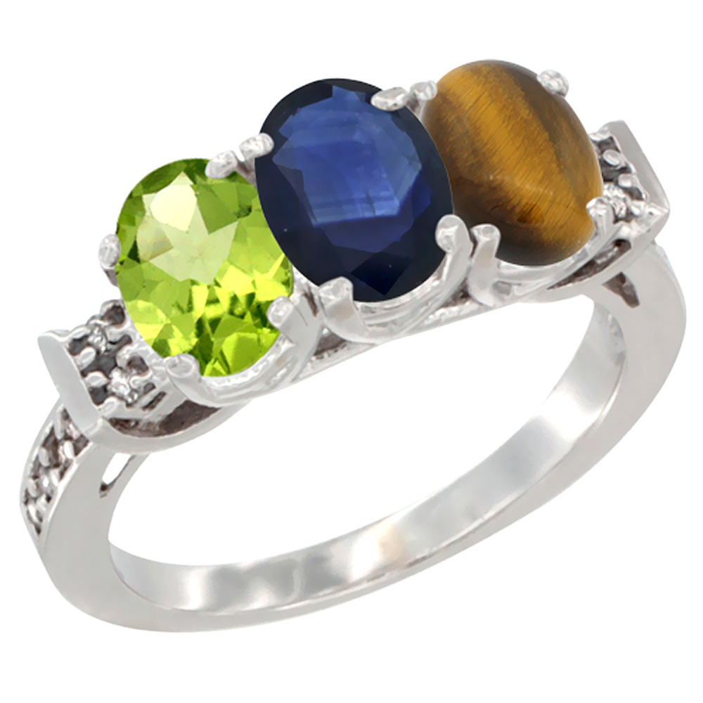 14K White Gold Natural Peridot, Blue Sapphire &amp; Tiger Eye Ring 3-Stone Oval 7x5 mm Diamond Accent, sizes 5 - 10