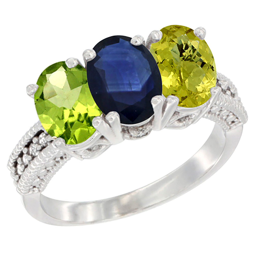 10K White Gold Natural Peridot, Blue Sapphire &amp; Lemon Quartz Ring 3-Stone Oval 7x5 mm Diamond Accent, sizes 5 - 10