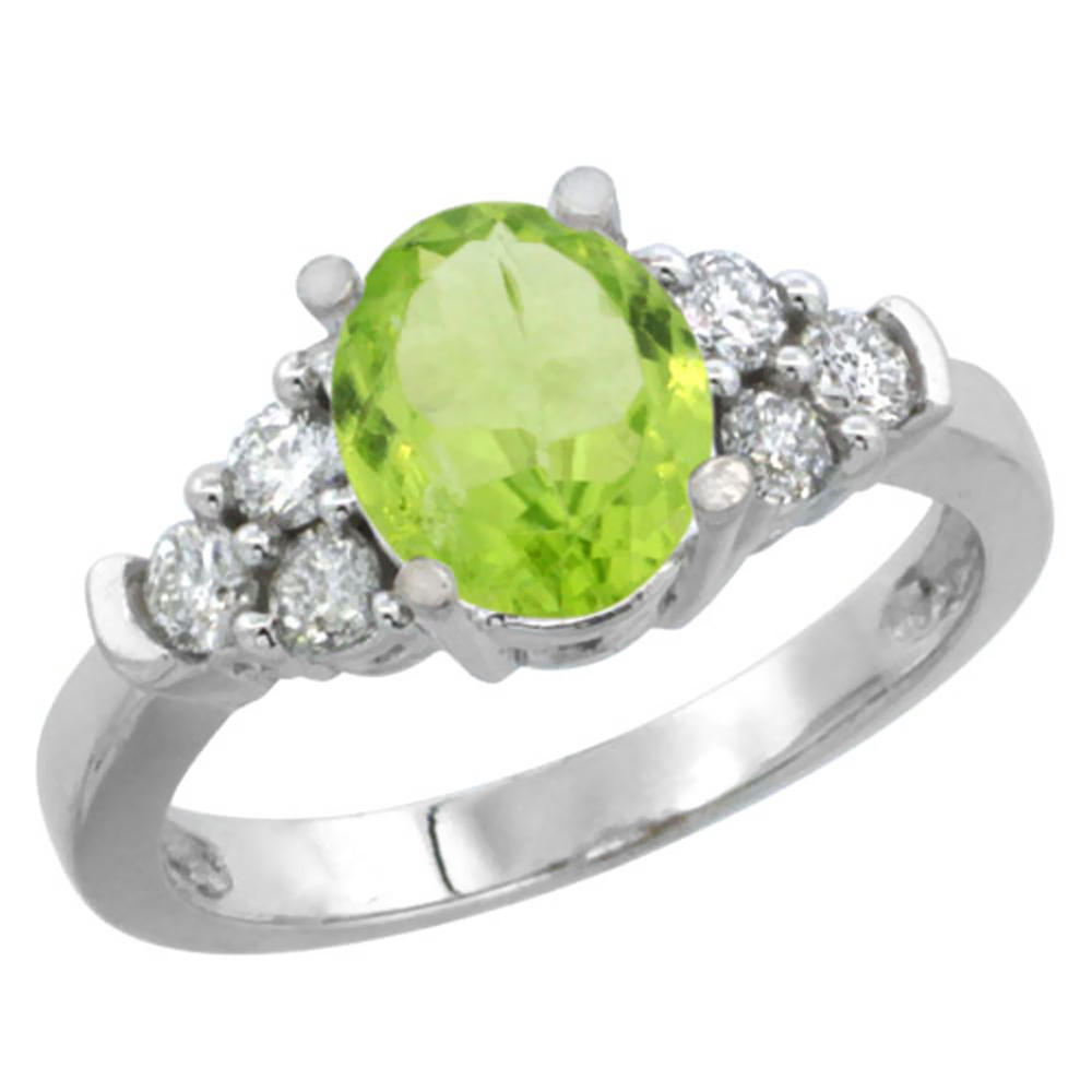 14K White Gold Natural Peridot Ring Oval 9x7mm Diamond Accent, sizes 5-10
