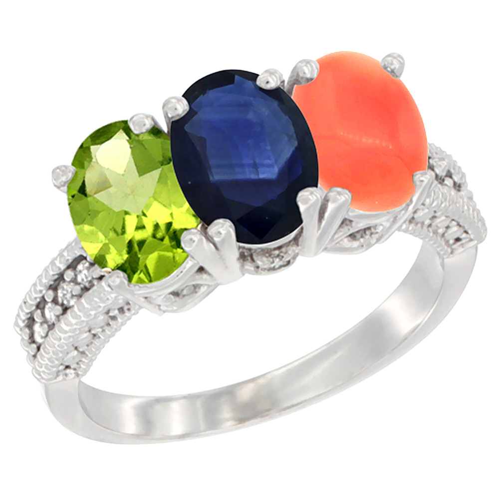 14K White Gold Natural Peridot, Blue Sapphire &amp; Coral Ring 3-Stone Oval 7x5 mm Diamond Accent, sizes 5 - 10