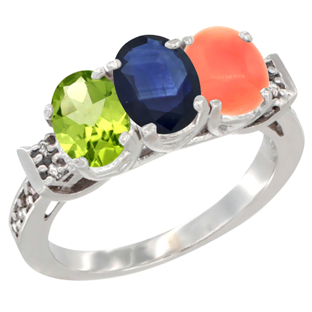 10K White Gold Natural Peridot, Blue Sapphire &amp; Coral Ring 3-Stone Oval 7x5 mm Diamond Accent, sizes 5 - 10