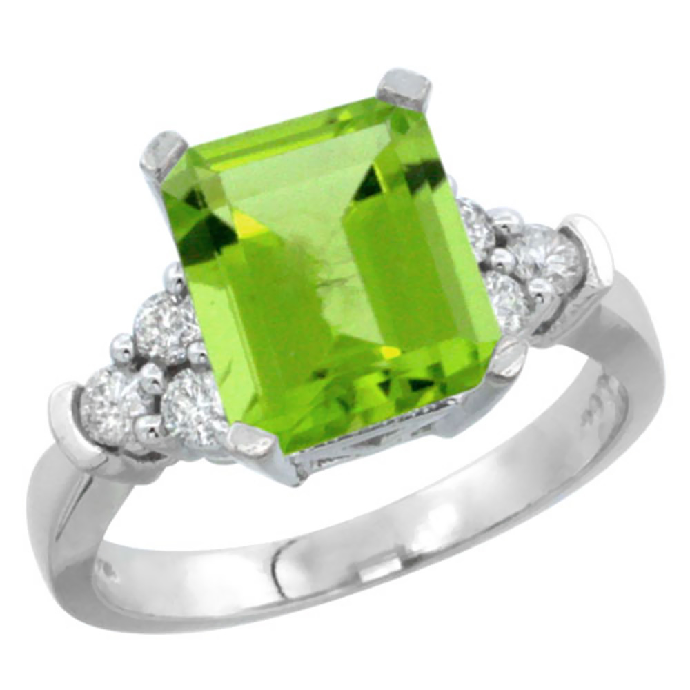 10K White Gold Natural Peridot Ring Octagon 9x7mm Diamond Accent, sizes 5-10