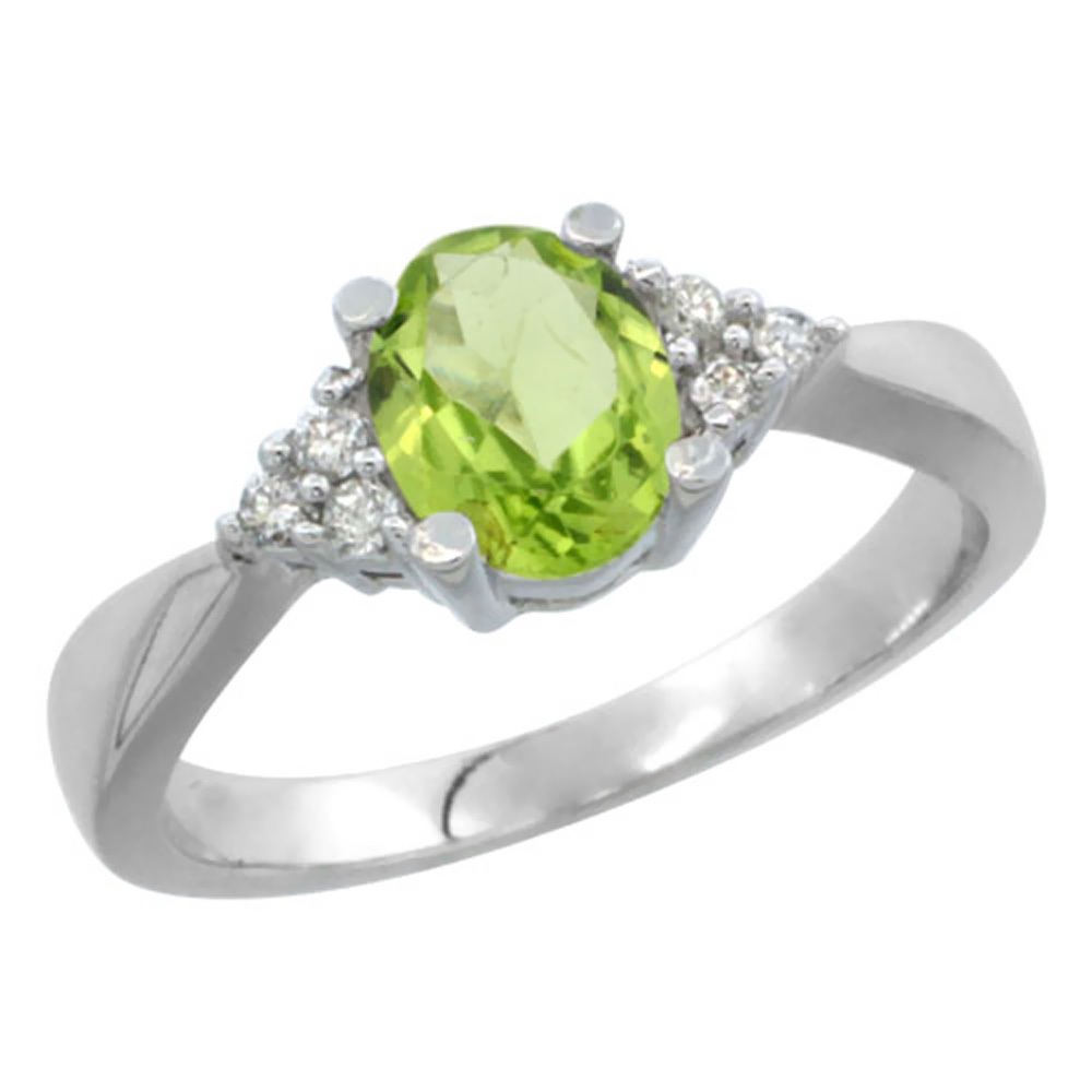 10K White Gold Diamond Natural Peridot Engagement Ring Oval 7x5mm, sizes 5-10