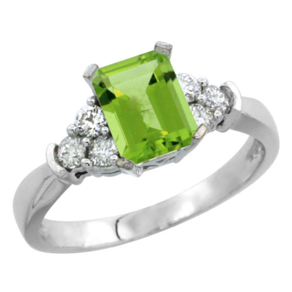 14K White Gold Natural Peridot Ring Octagon 7x5mm Diamond Accent, sizes 5-10