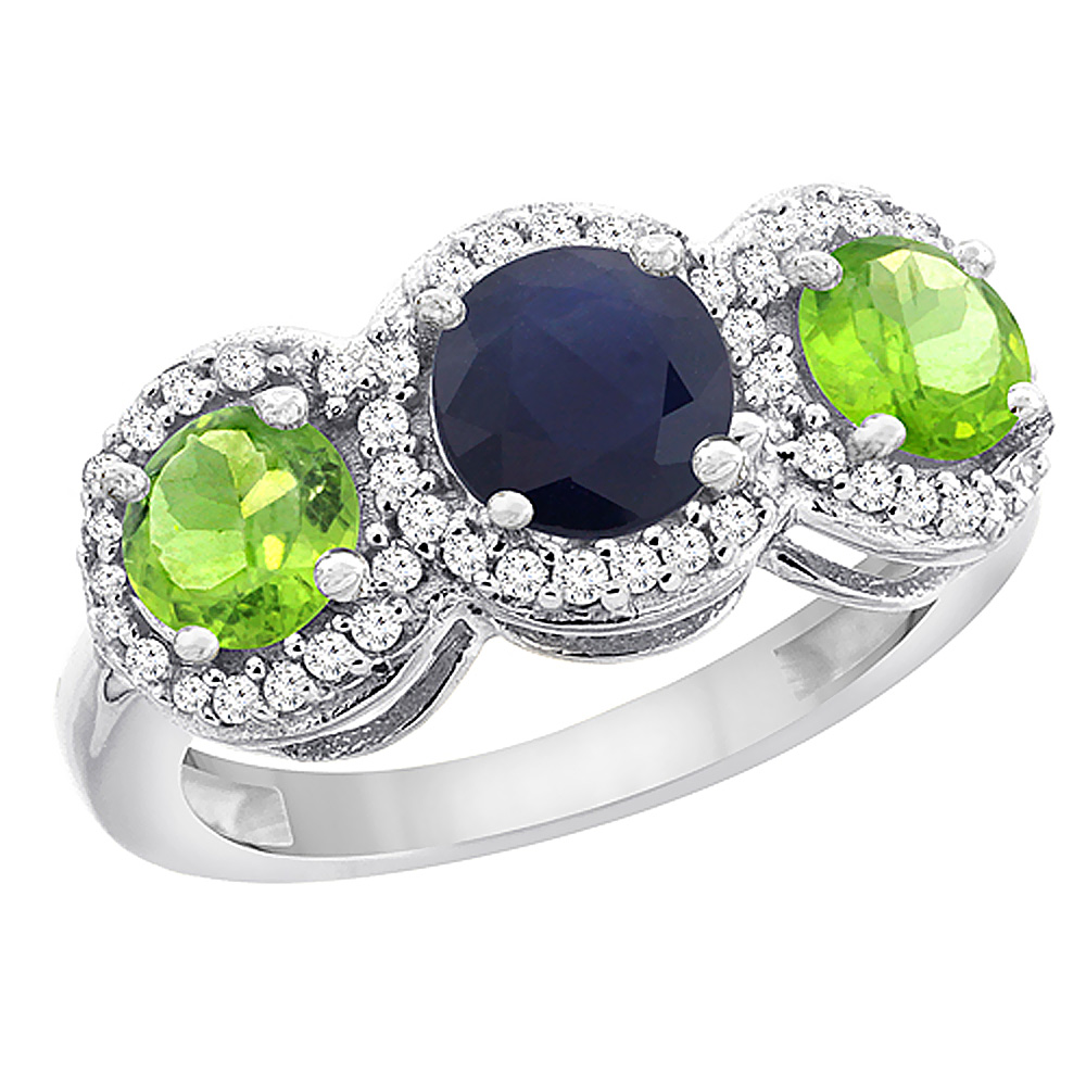 10K White Gold Natural High Quality Blue Sapphire &amp; Peridot Sides Round 3-stone Ring Diamond Accents, sizes 5 - 10