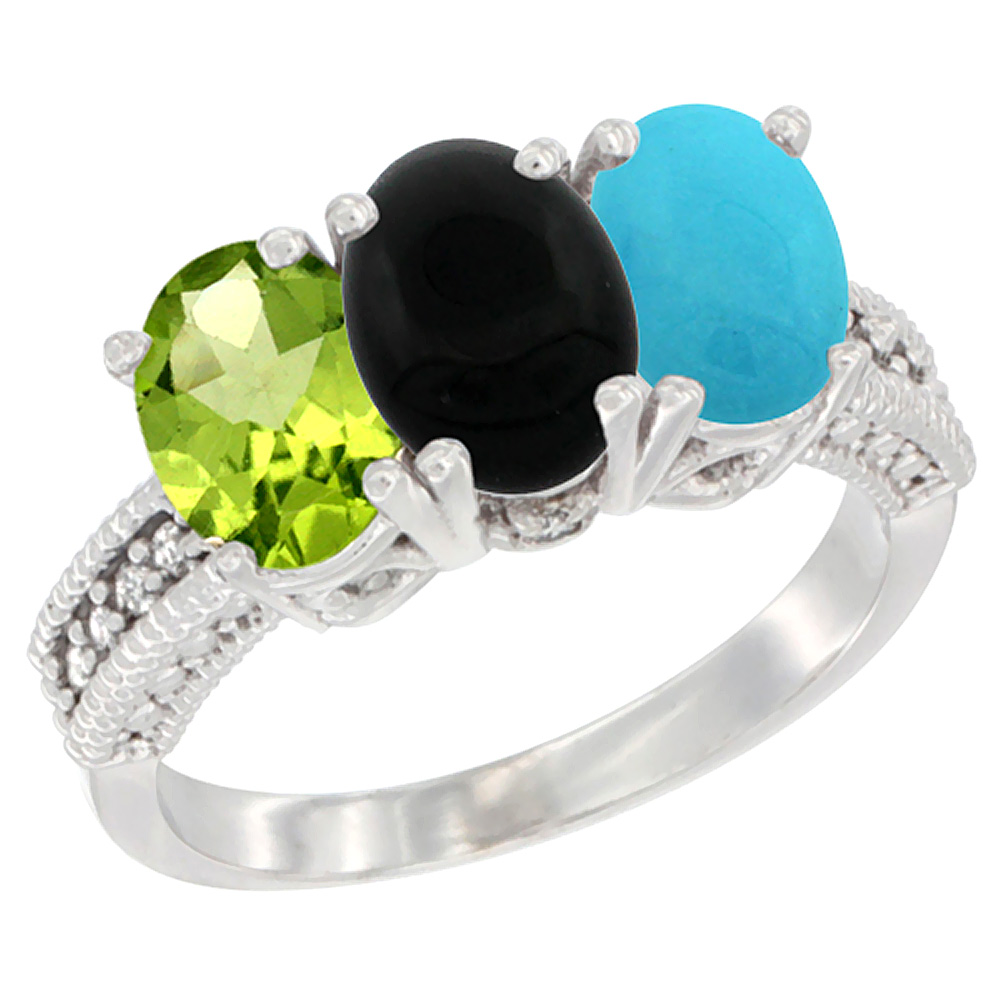 14K White Gold Natural Peridot, Black Onyx &amp; Turquoise Ring 3-Stone Oval 7x5 mm Diamond Accent, sizes 5 - 10