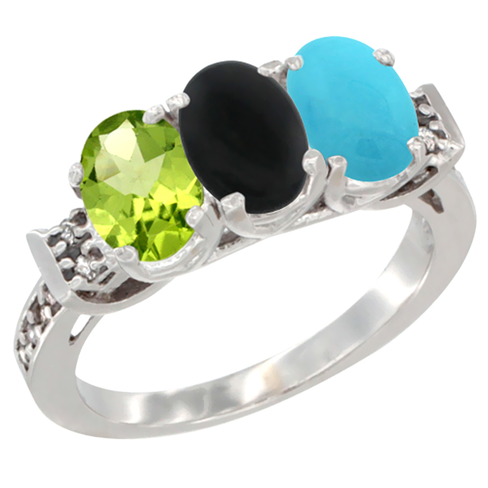 10K White Gold Natural Peridot, Black Onyx &amp; Turquoise Ring 3-Stone Oval 7x5 mm Diamond Accent, sizes 5 - 10