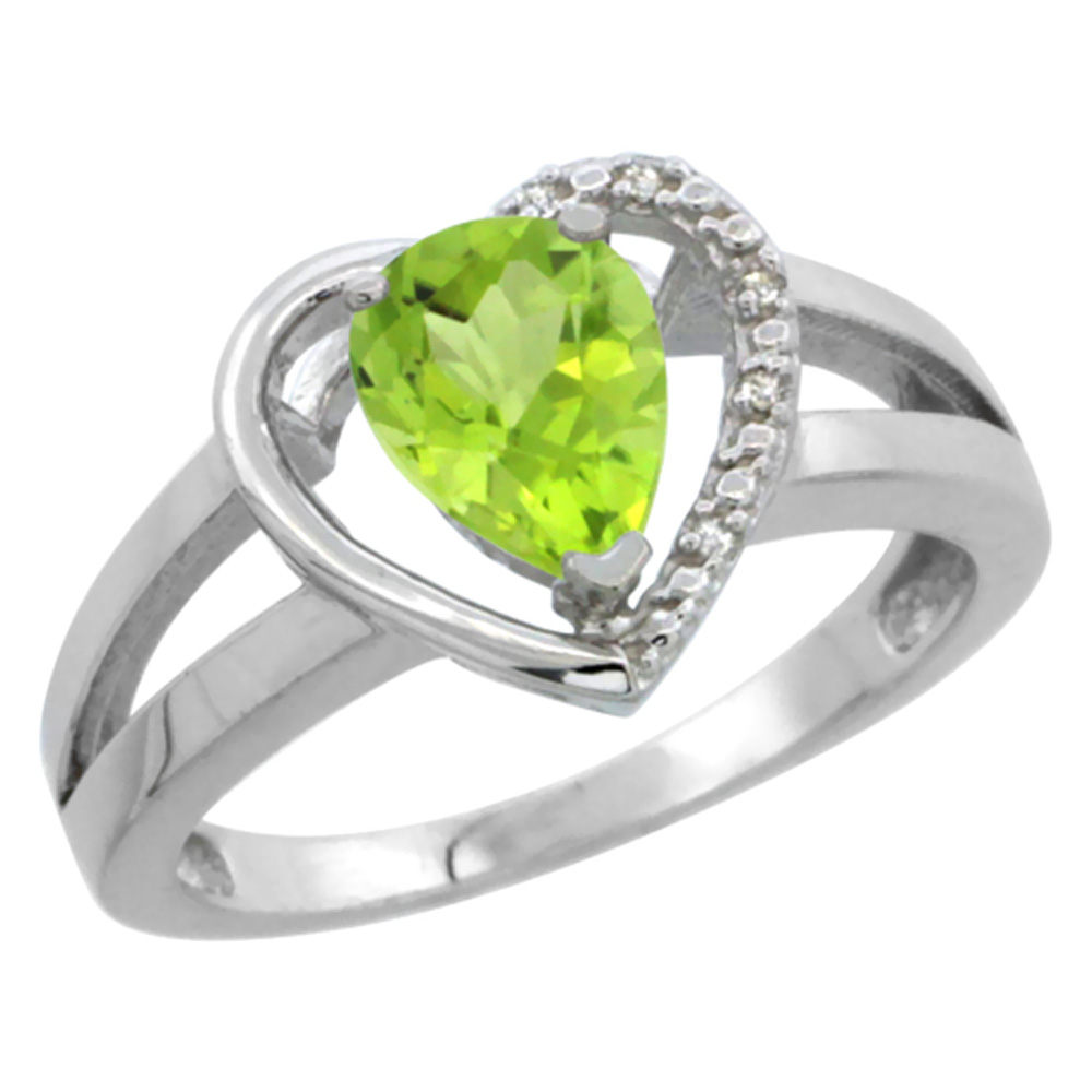 14K White Gold Natural Peridot Heart Ring Pear 7x5 mm Diamond Accent, sizes 5-10
