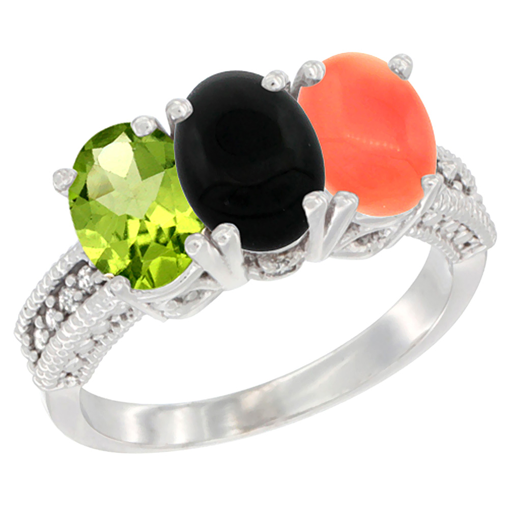 14K White Gold Natural Peridot, Black Onyx & Coral Ring 3-Stone Oval 7x5 mm Diamond Accent, sizes 5 - 10