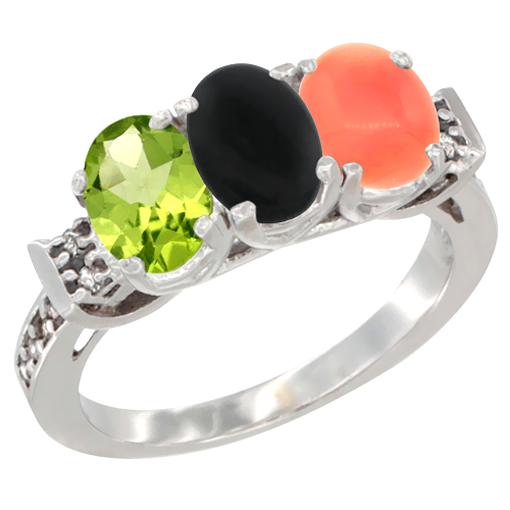 10K White Gold Natural Peridot, Black Onyx & Coral Ring 3-Stone Oval 7x5 mm Diamond Accent, sizes 5 - 10