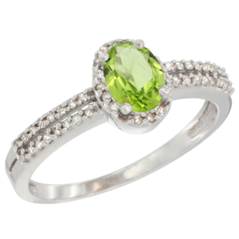 14K White Gold Natural Peridot Ring Oval 6x4mm Diamond Accent, sizes 5-10