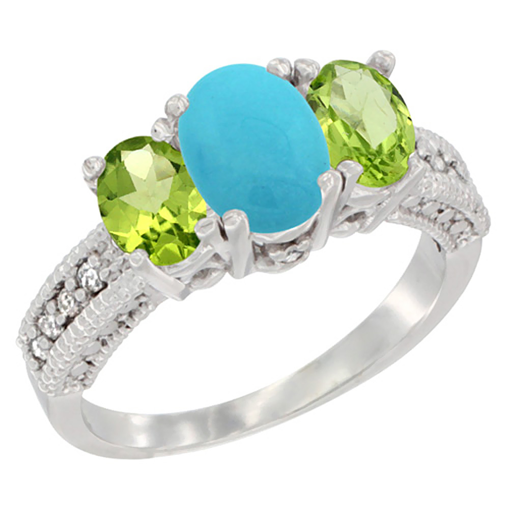 14K White Gold Diamond Natural Turquoise Ring Oval 3-stone with Peridot, sizes 5 - 10