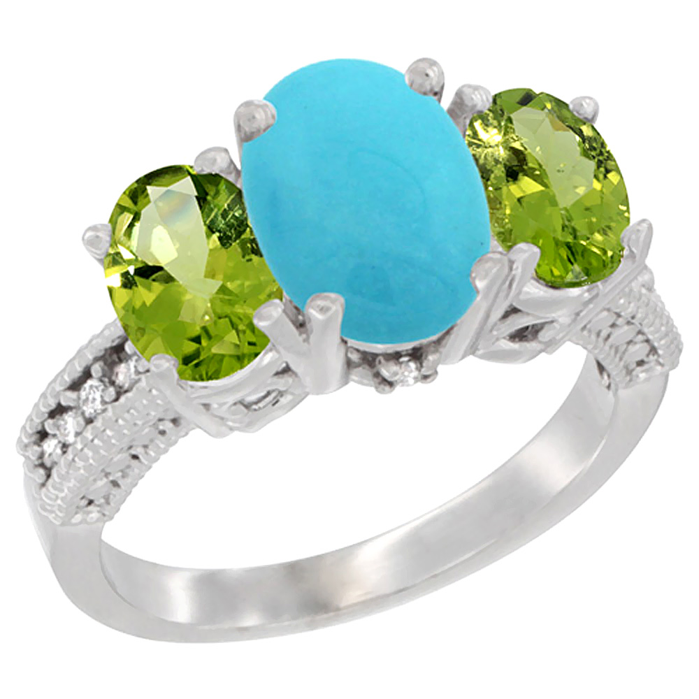 14K White Gold Diamond Natural Turquoise Ring 3-Stone Oval 8x6mm with Peridot, sizes5-10