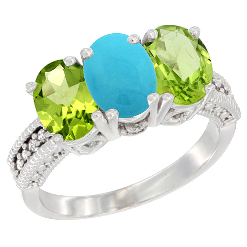 14K White Gold Natural Turquoise &amp; Peridot Sides Ring 3-Stone Oval 7x5 mm Diamond Accent, sizes 5 - 10