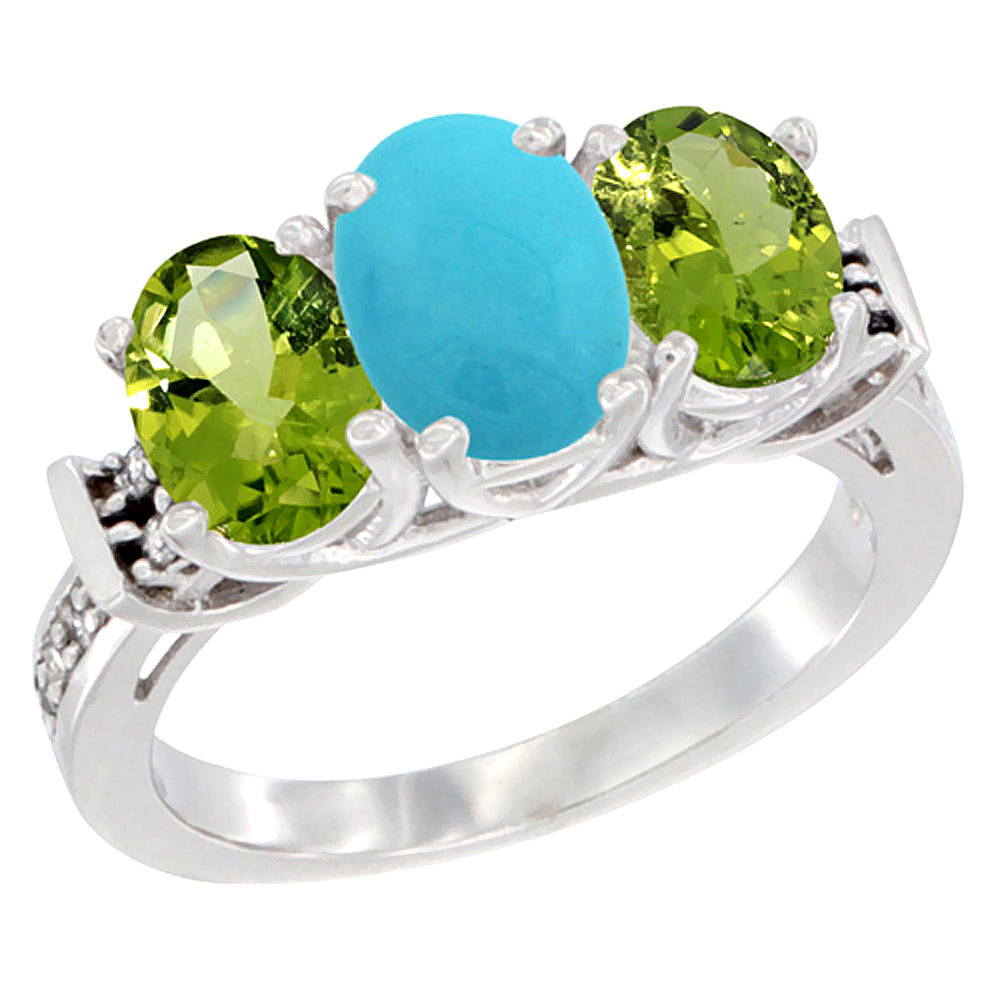 10K White Gold Natural Turquoise &amp; Peridot Sides Ring 3-Stone Oval Diamond Accent, sizes 5 - 10
