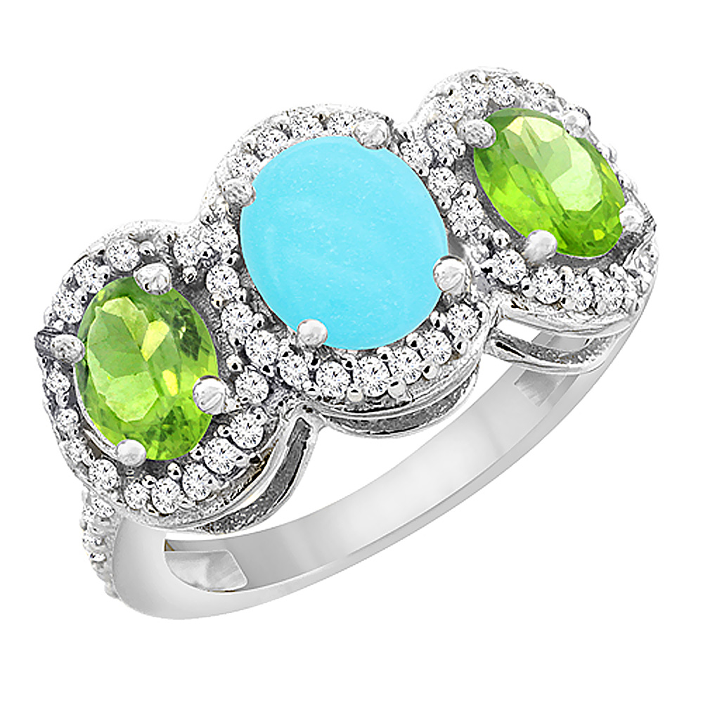 10K White Gold Natural Turquoise & Peridot 3-Stone Ring Oval Diamond Accent, sizes 5 - 10