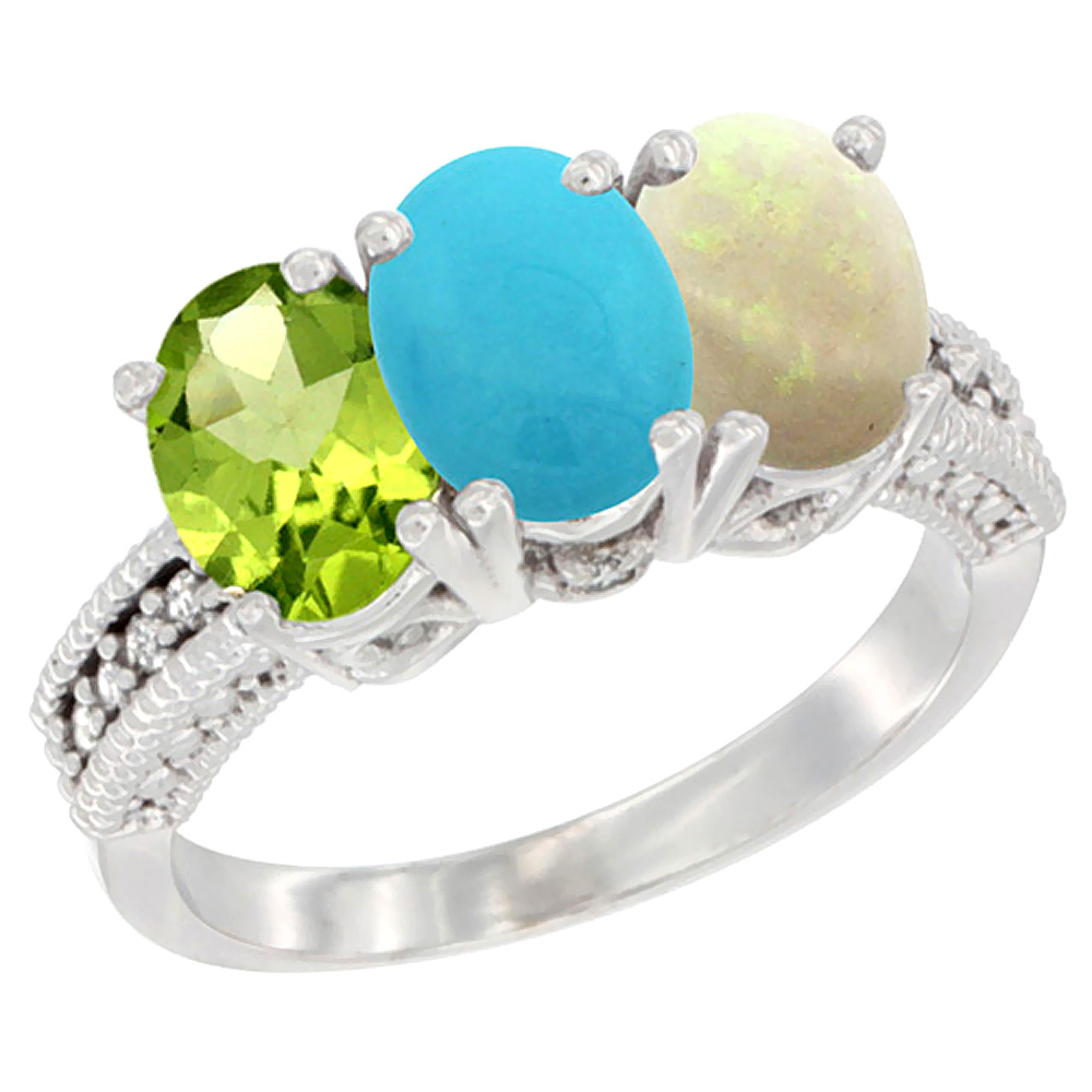14K White Gold Natural Peridot, Turquoise & Opal Ring 3-Stone Oval 7x5 mm Diamond Accent, sizes 5 - 10