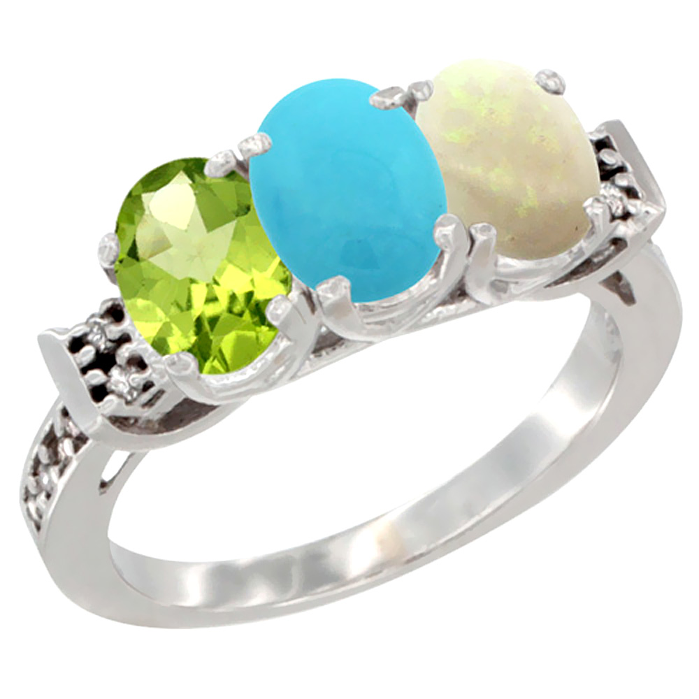 10K White Gold Natural Peridot, Turquoise & Opal Ring 3-Stone Oval 7x5 mm Diamond Accent, sizes 5 - 10