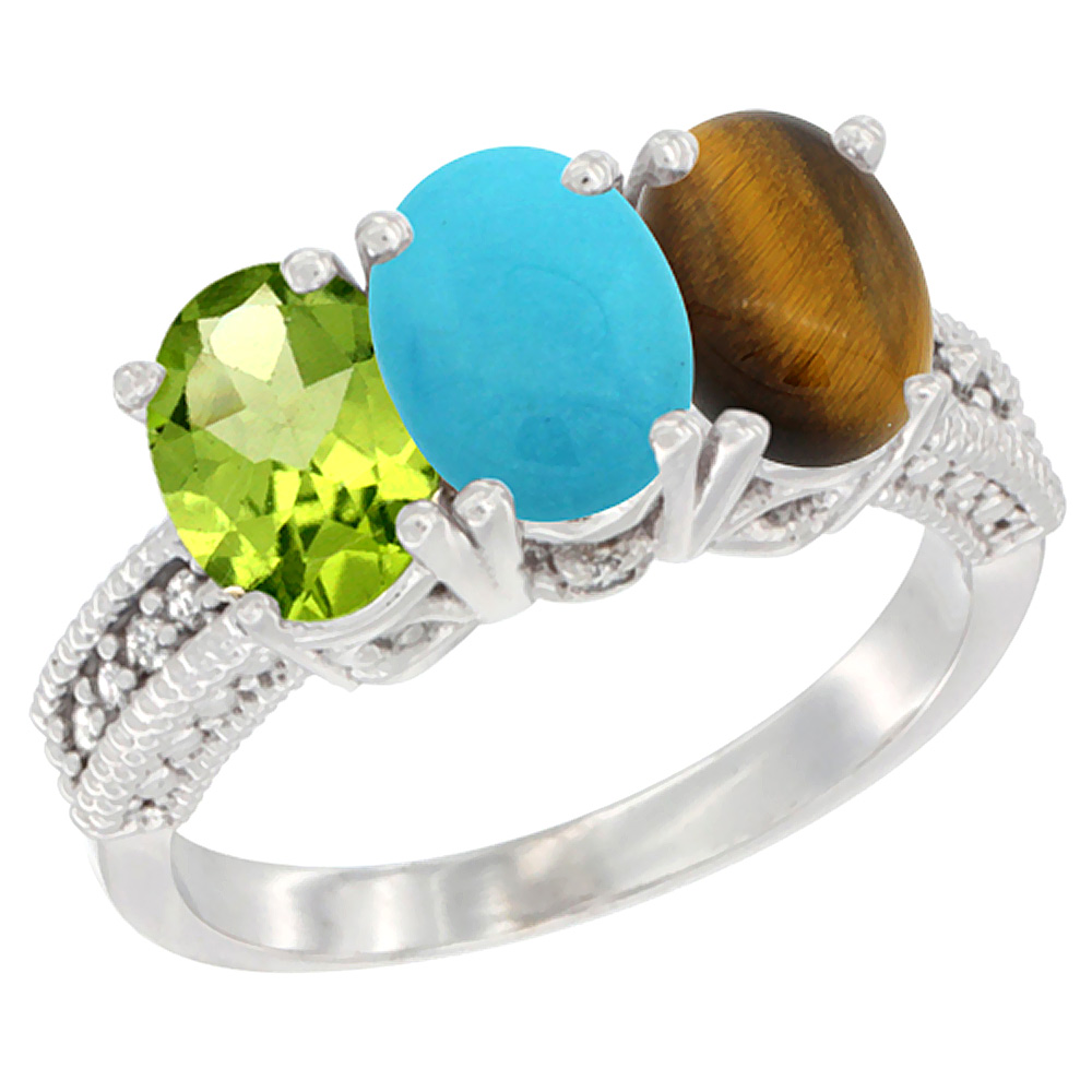 10K White Gold Natural Peridot, Turquoise &amp; Tiger Eye Ring 3-Stone Oval 7x5 mm Diamond Accent, sizes 5 - 10
